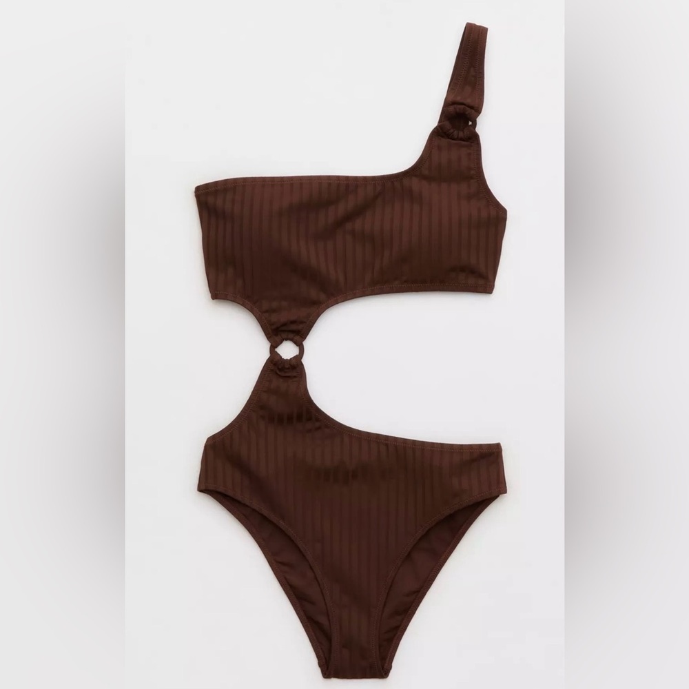 Aerie Wide Rib Cut Out One Shoulder Ring One Piece Swimsuit Brown Medium - Picture 4 of 13
